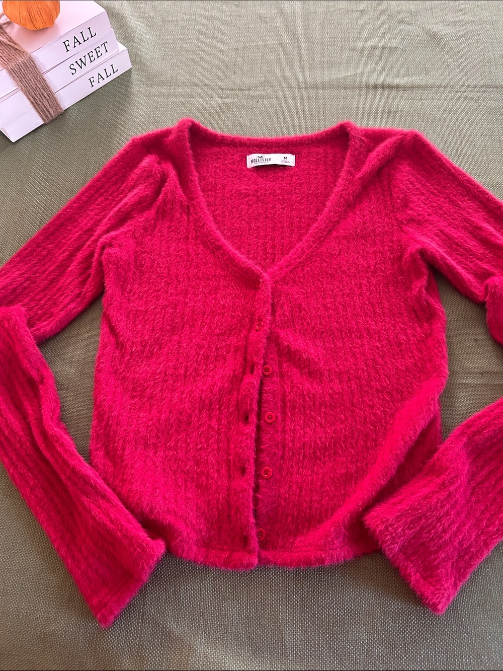 Hollister Fuzzy V-Neck Button Cardigan - red very fluffy ! Soft